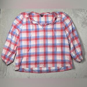 Ann Taylor Factory Red White Blue Plaid Peasant Cotton Blend Boho Blouse Large P